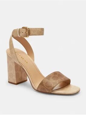 Coach Tan Suede-Look Block Heel Sandal with Ankle Strap